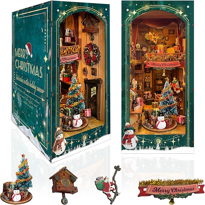 Christmas Book Nook Kit with LED Light - 3D Wooden Puzzles Booknook for Book Shelf Decor - DIY Dollhouse Kit - Book Nooks Decor with Dust Cover Jingle Cabin(SQ-34)