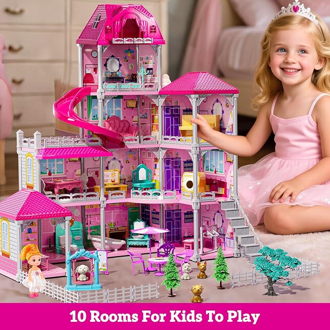 Villa Playset for Girls Ages 3-7, 4-Storey House with 10 Rooms, 2 Dolls, Furniture and Accessories, Indoor Playset Girls Toys for Ages 6-8, Pretend Toddler Toys, Birthday Gifts for Kids 4-8