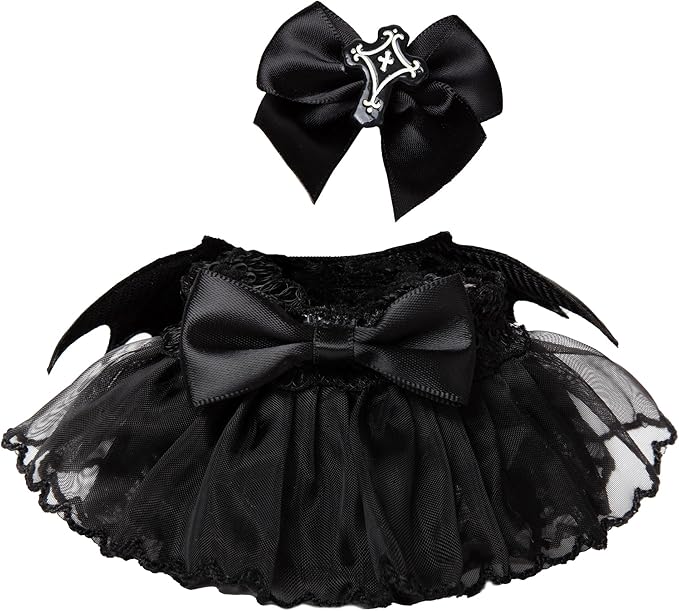 17cm Doll Clothes for Labubu Halloween - Kawaii Chic Style Set for 17cm Dolls, Cute Doll Outfit with Accessories - Black Halloween Dress with Bat + Black Corss Bow (Clothes Only)