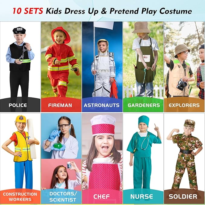 Vicenpal 10 Set Dress up Clothes for 3-8 Years Old Washable Construction Policeman Fireman Doctor Chef Gardener Explorer Scientist Soldier Astronaut Costumes for Boys and Girls Role Playing Activities