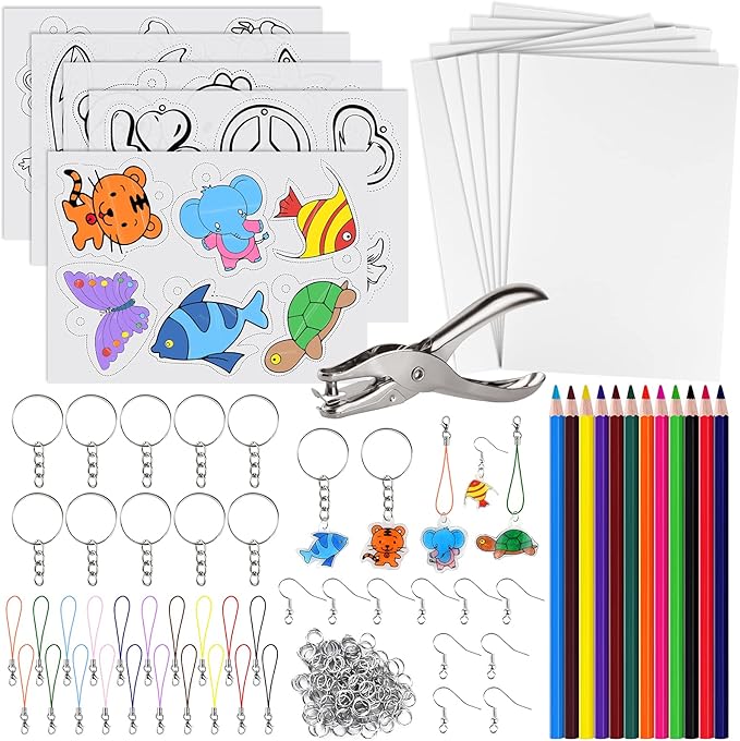 ASTARON 168Pcs Shrinking Plastic Sheets Kit Includes 15 Shrinking Film Art Paper, Hole Punch, 12 Colored Pencils and 140 Pcs Shrinkles Keychain Jewelry Making Accessories for Kids Craft Supplies
