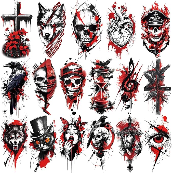 77 Sheets Temporary Tattoos for Adults and Kids, Cool Waterproof Fake Tattoos, Black and Red Trash Polka Half Arm Sleeve Small Tattoos
