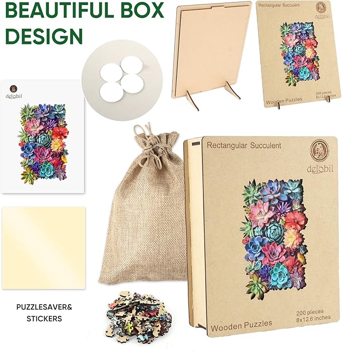 delobil Rectangular Succulent Wooden Puzzles, 200 Pieces Jigsaw Puzzles 12.6'' x8'', Unique Design Liberty Wooden Puzzles for Adults and Kids, Family Game Gift Royal Size