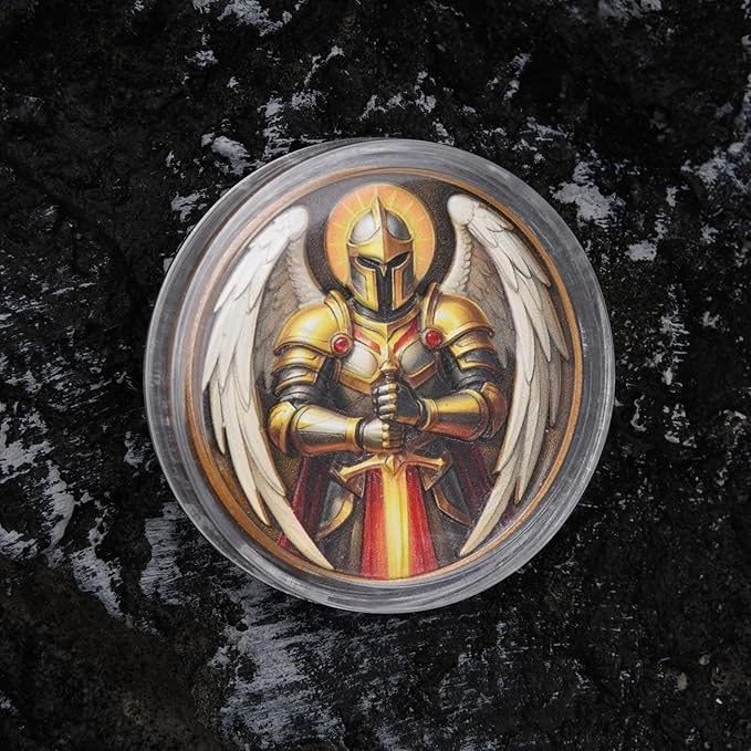 St Benedict Coin & Angel Warrior Metal Token Set - Christian Religious Medallion with Latin Prayer & Fantasy Archangel Design