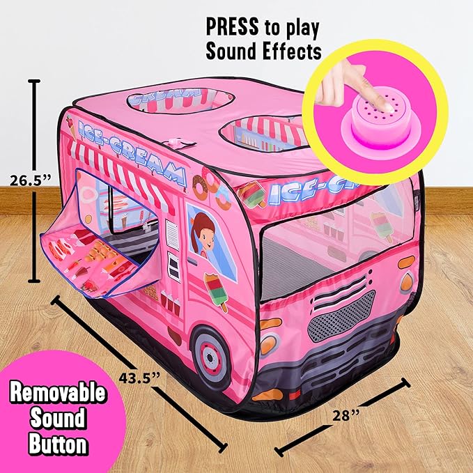 Playbees Musical Ice Cream Truck Pop Up Play Tent with 3 Openings - Tent for Toddlers - Indoor & Outdoor - Pop Up Tents for Kids - Includes Carry Bag and Sound Button- 43.5x28x26.5 Inch