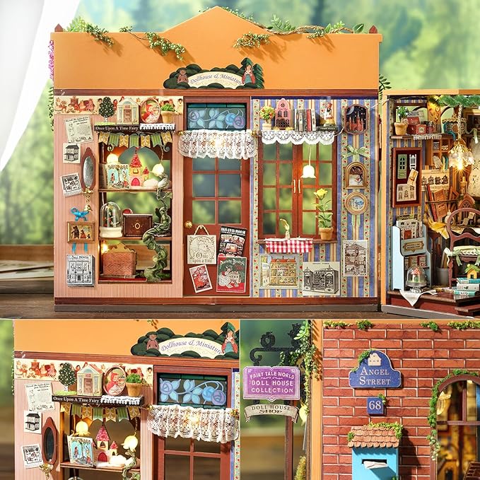 TuKIIE DIY Miniature House Kit with Furniture, 1:24 Scale Creative Room Opened & Closed Wooden Dollhouse Book Nook Plus Dust Proof for Kids Teens Adults(Dollhouse Shop)