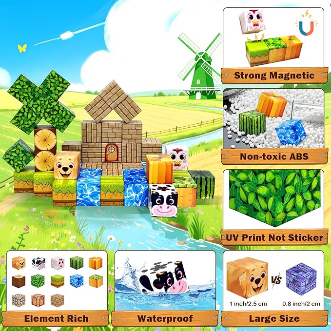 Magnetic Blocks Building Toys for Kids: Magnetic Blocks for Kids Ages 3-4, 8-12, 1" Magnet Cubes STEM Toys for Boys & Girls,Christmas Birthday Gifts for Toddler Ages 3+, 48PCS Blocks Farm Theme