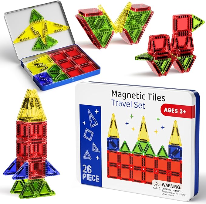Mini Magnetic Tiles Building Blocks, Portable Travel Construction Set, STEM Toddler Puzzle Birthday Gift Toys for Children Ages 3 4 5 6 7 8