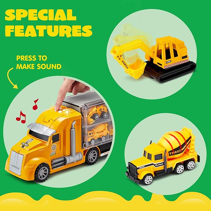 JOYIN 25 in 1 Kids Construction Truck Toy Set, 24Pcs Push and Go Cars and Worker Figures, Toddler Play Vehicles with Sounds and Light, Christmas Birthday Gifts Toys for 3 4 5 6 7 Years Old Grandkids