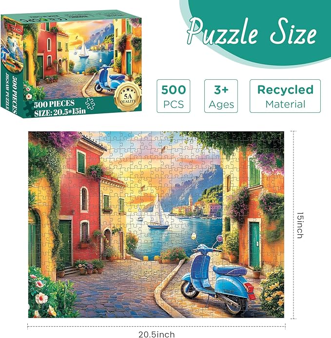 500 Piece Puzzles for Adult, Coastal Village Sunset Harbor Scene Jigsaw Puzzles for Adults Kids Senior, Colorful Buildings Adult Puzzle, Challenging Family Fun Activity Game Gift Decor 20.5 X 15 in