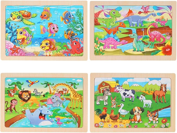 Wooden Puzzles for Kids Ages 4-6, 24 Piece Animal Dinosaur Marine Farm Jigsaw Puzzles 4 Packs, Preschool Toddlers Learning Activity Puzzles Toys for Boys Girls 3 4 5 6 Years Old