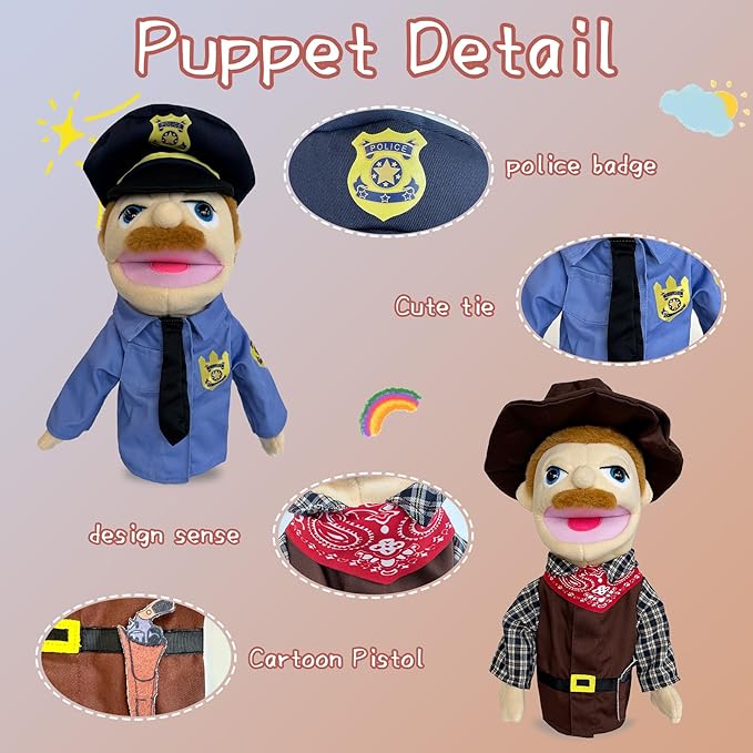 Hand Puppets Professional Characters, Police and Cowboy Role-Playing Storytelling Hand Puppet for Kids Age 4-8 Puppets with Movable Mouths and Control levers