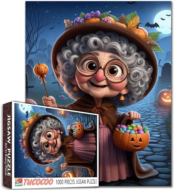 Halloween Grandma Holding Pumpkin Candy Bucket 1000 Piece Jigsaw Puzzle for Adults Students 20×27 Inches Full Moon Bats and Lanterns Cozy Fall Puzzles for Home Display and Gift Giving