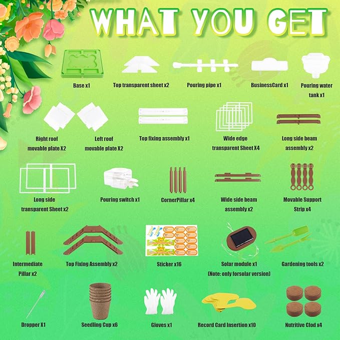 Kids Plant Growing Kit - Kids Greenhouse & Flower Growing Kit with Upgraded Irrigation & Grow Light – Perfect Gardening for Kids（Solar Green）