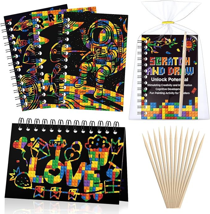 Pasimy 24 Set Scratch Art Party Favor Gifts for Kid Building Block Scratch Notebook Bulk Paper Craft for Girl Boy Classroom Prizes Goodie Bag Stuffer Christmas Birthday Party Favor