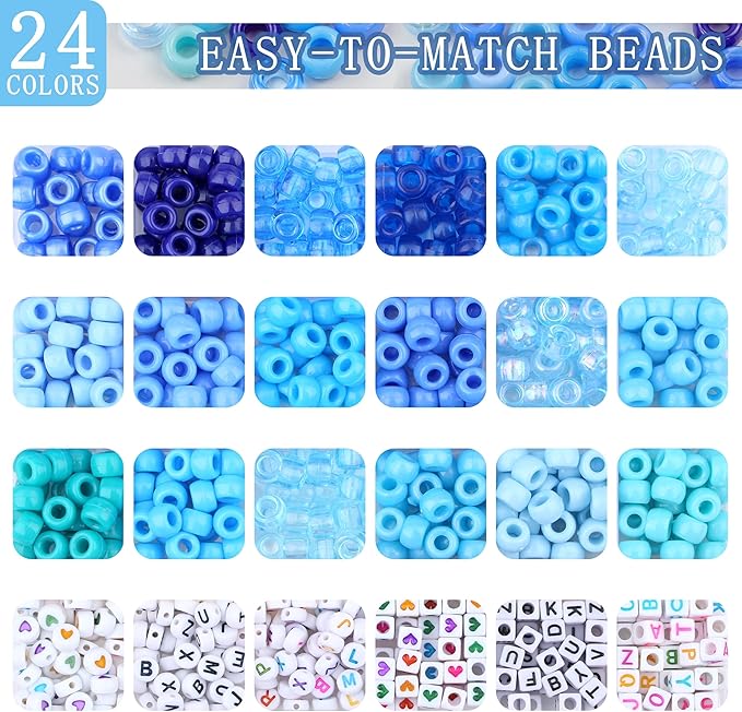 XIANNVXI 24Colours Blue Pony Beads for Bracelet Friendship 720pcs Letter Kandi Blue Pony Beaded Kit Bracelet Making Kit for Jewelry DIY Crafts