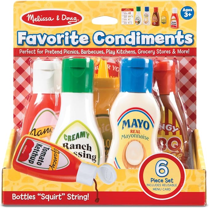 Melissa & Doug 5-Piece Favorite Condiments Play Food Set Play Ketchup and Mustard Bottles, Pretend Food Set for Kids Ages 3+