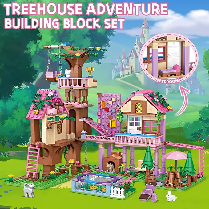 Treehouse Adventure Building Block Set Creative Playhouse Kit with Pool Pets Fun Construction Toy for Kids Teens