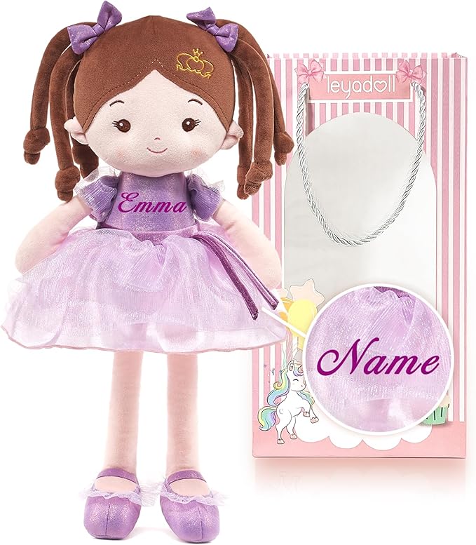 Personalized Soft Baby Doll Toys for Girls (16''), My First Birthday Gift, Christmas Dolls, Leya Doll Baby Rag Doll Plush Toys for Toddler Kids Infants -Princess Coral - Violet