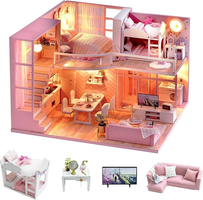 CUTEROOM DIY Miniature Dollhouse Kit with Furniture,Wooden Doll House with Music Movement & LED Lights,DIY House Kit Christmas Birthday Gifts -Dream Angel