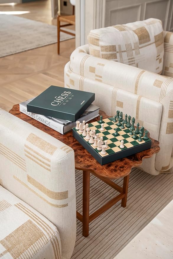 Printworks Classic Chess – Green Wooden Chess Set with Acrylic Board – Stylish Coffee Table Game for Adults & Kids Ages 5+ – Multilingual Instructions Included