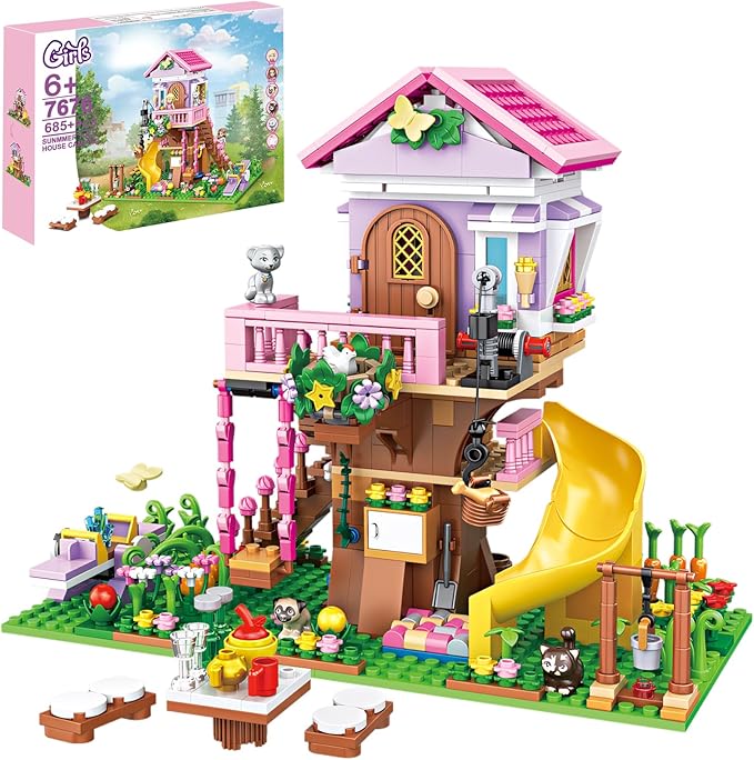 Creative Treehouse Building Blocks Toy Summer Tree House with Animals, Slide, and Picnic Table Fun Garden Playset for Girls and Boys