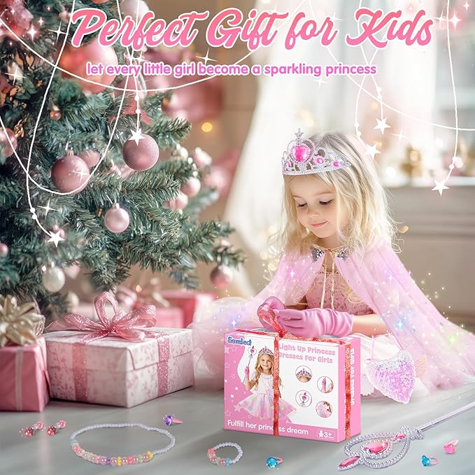 Princess Dress Up Clothes for Little Girl, Light Up Princess Cape Set with Crown, Princess Dresses for Girls 3-8 Role Play, Princess Toy Gift for Halloween Christmas Birthday Party