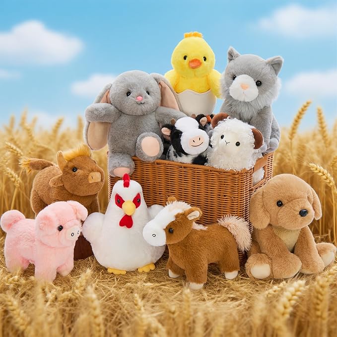 MaoGoLan 10 Pack Stuffed Farm Animals Bulk Plush Dog Cat Highland Cow Horse Sheep Pig Chicken Bunny Farm Animal Toys Set for Kids Party Favors Decorations Valentine's Day Easter Gifts