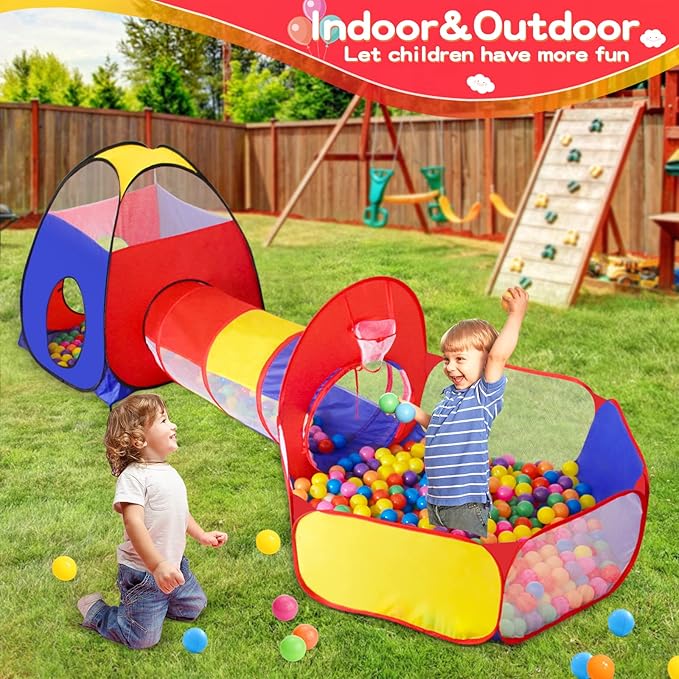 3 in 1 Kids Play Tent for Toddler with Baby Ball Pit and Play Tunnel, Children Indoor Outdoor Playhouse with Climbing Tunnel Toy for Toddlers, Boys and Girls Best Birthday Gifts（No Balls）