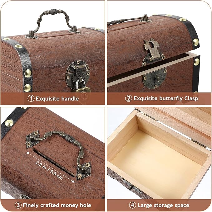 Piggy Bank: Vintage Wood Treasure Chest Rustic Small Wooden Box Decorative Coin Bank Money Bank Money Saver Storage Box for Wedding Home Decor