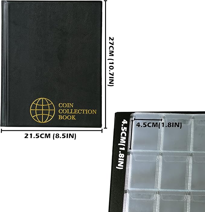 Uncle Paul 200 Pockets Coin Albums - 43x42 mm/1.7x1.6 inch Pocket Black Coin Book 10 Pages Coin Collection Holder Letter Size Coin Storage Book CS0220BK
