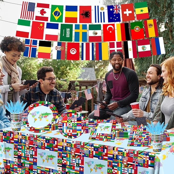 International World Flags Tableware Set, 142Pcs International Flags Decorations Plates and Napkins, Cups,Banner,Flags Tablecloth for Travel Trip Around the Globe Retirement Party