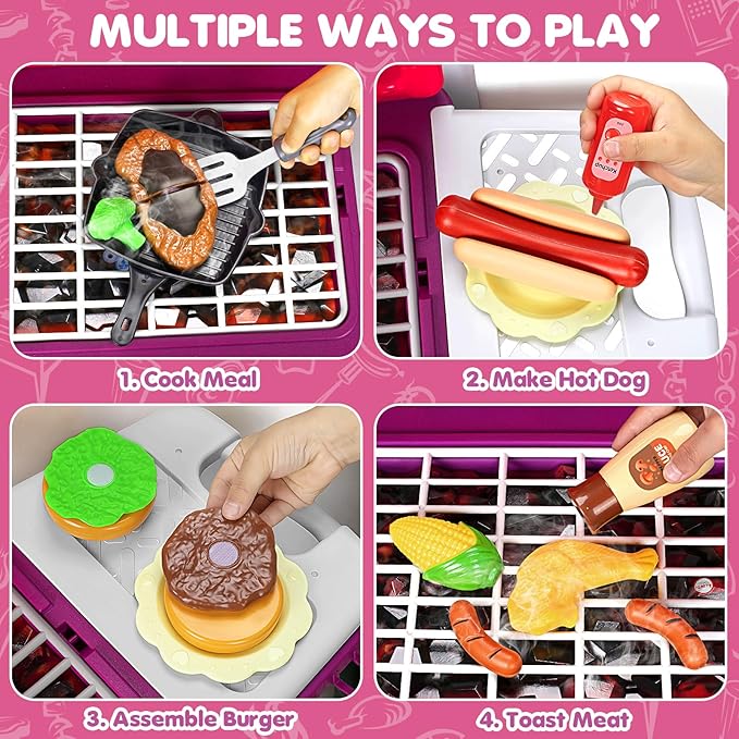 Kids Play Kitchen Toys, Kids BBQ Grill Playset with Smoke Sound Light, 2-Layer Barbecue Toy with Wheels, Outdoor Play Food Toys Cooking Set for Toddler 3-5, Birthday for Boy Girl (Pink)