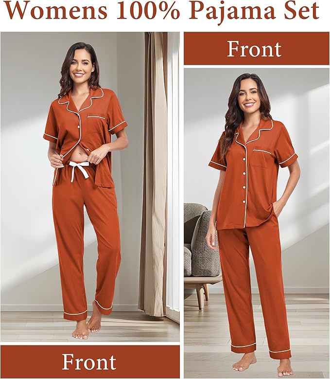 CF Womens 100% Cotton Pajamas Set Button Down Pjs Sets Short Sleeve Top & Long Pants Sleepwear Comfy Loungewear with Pockets