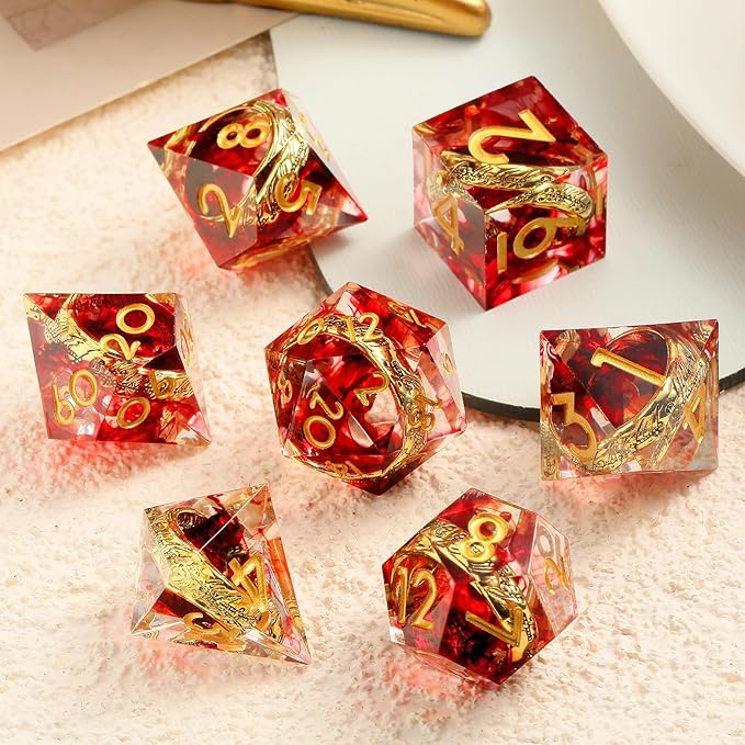 Ring DND Dice Set Sharp Edge DNDND 7-Piece Swirl Resin Blood Red Dice with Magic Lord Ring Inside for Dungeons & Dragons -Dragon Box Gifts