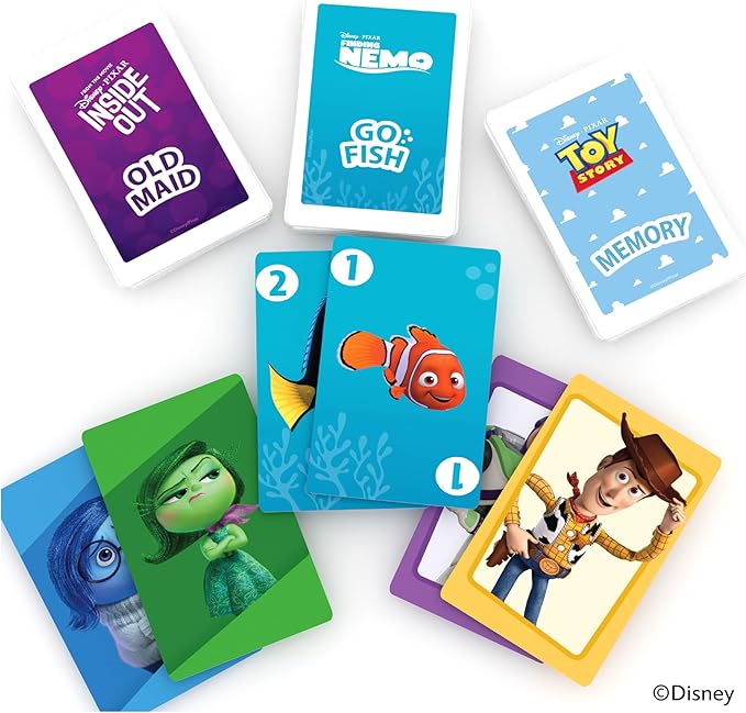 Bicycle Disney and Pixar 3-in-1 Card Games, Old Maid, Go Fish & Memory, Featuring Toy Story, Finding Nemo & Inside Out Characters, Kids Card Games Ages 4+, Family Games for 2-6 Players
