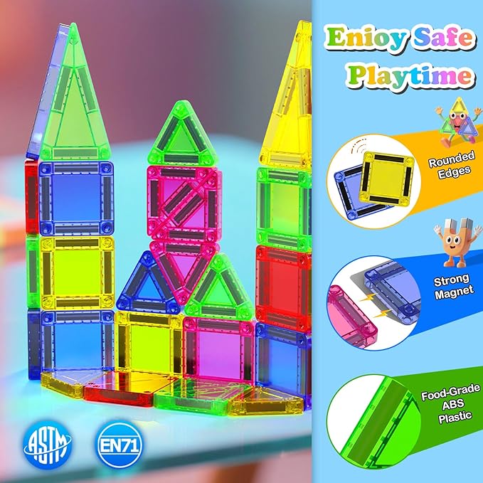 Mini Magnetic Tiles with Iron Box, 40 PCS Travel Magnetic Tiles, STEM Educational Building Set Construction Toys for Kids Ages 3+, Portable Building Toys for Toddlers, Boys & Girls Birthday Gift