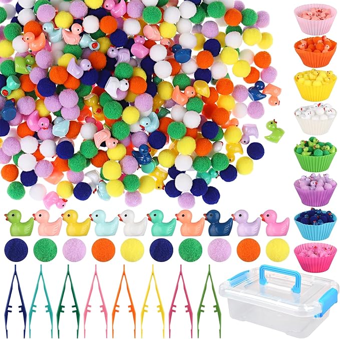 217 Pcs Duck Sensory Bin Filler Fine Motor Toys Counting Sorting 100 Felt Pompoms 100 Mini Duck Figures 8 Tweezers 8 Silicone Plates 1 Storage Box, for Counting Sorting DIY Crafts (Duck)