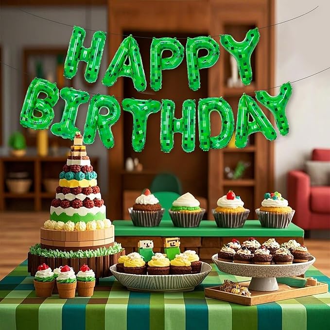 TNT Pixel Happy Birthday Banner Party Decorations Foil Balloons Letters Signs Blast Gaming Party Miner Supplies for Boy Girl