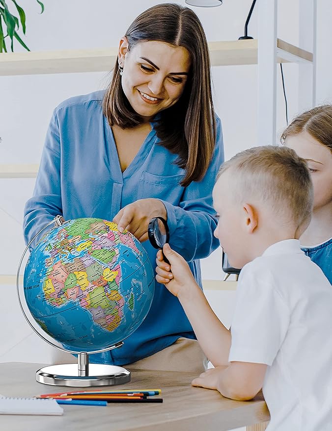 Illuminated World Globe with Stand, 9" Earth Globes with Stable Heavy Metal Base for Kids Classroom Learning, LED Constellation Globe Night Light with HD Printed Map