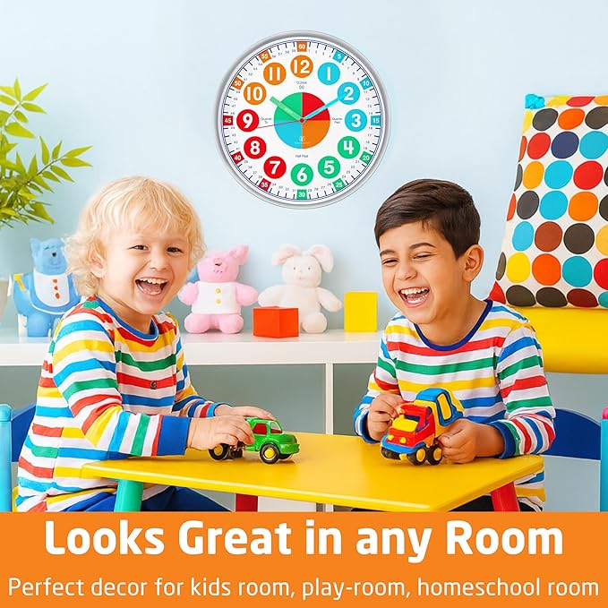 OWLCONIC Telling Time Teaching Clock for Kids - Educational Analog Wall Clock for Bedrooms, Playroom, Classroom Learning - Silent Kids Wall Clock for Learning to Tell Time