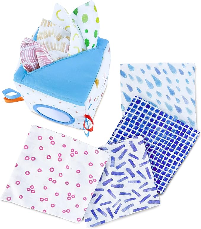 Quiggly Soft Fabric Tissue Box Toy for Babies- Montessori Sensory Development Toy for 6-12 Month Olds - 100% Cotton, Crinkle Tissues, Ribbon Details, Safety Mirror- Ideal for Infant Gross Motor Skills