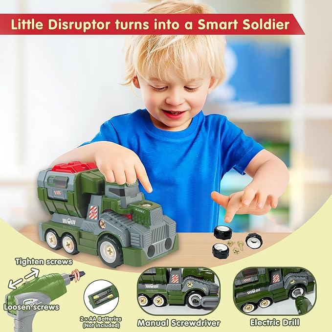 11inches Large Take Apart Toys Army Trucks for Boys Girls Kids 3-5 6-8 Year Old Military Missile Vehicles Electric Drill Set Assembly Toy Gifts