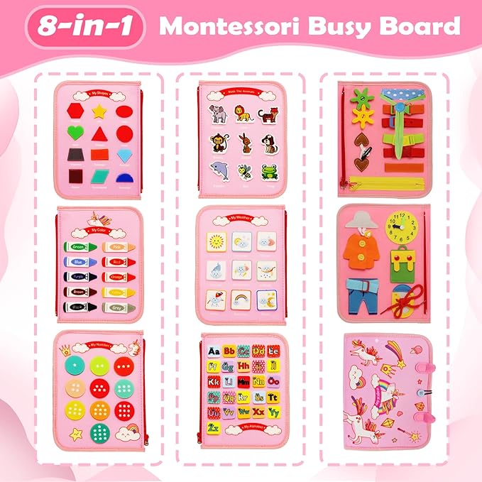 MAJAVI Busy Board Montessori Toys for 1 2 3 4 Year Old, Busy Book Sensory Toy for Toddlers Learning Fine Motor Skills, Educational Activities Airplane Car Travel Toy for Baby Boys Girls, Pink