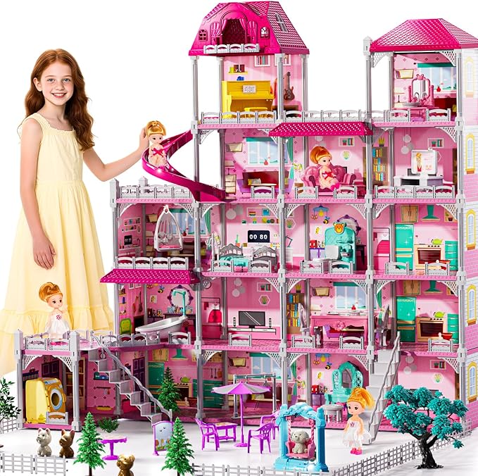 Villa Playset for Girls Ages 3-7, Indoor Playset Girls Toys for Ages 6-8 with 4 Storeys 18 Rooms 4 Dolls, Furniture and Accessories, Pretend Toddler Toy, Birthday Gifts for Kids 3 4 5 6 7 8