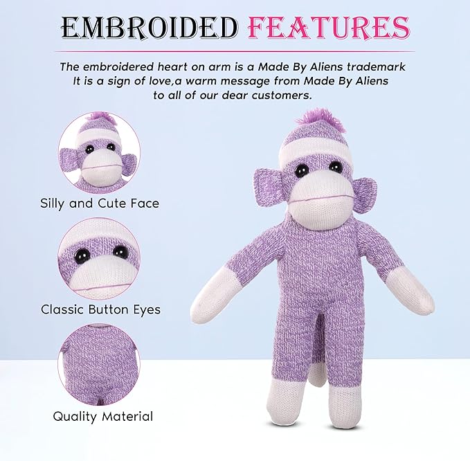 Adorable Sock Monkey, The Original Traditional Hand Knitted Stuffed Animal Toy Gift-for Kids, Babies, Teens, Girls and Boys Baby Doll Present Puppet (16" Purple)