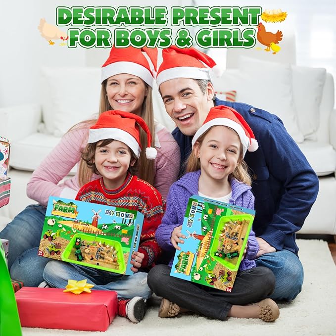 MYDOVA Farm Sensory Bin Sandbox Toys, Play Sand Farm Toys with 2.2lbs Play Sand, Farm Figures and Animals, Vegetables & Tractor Playset, Birthday Gift for Kids 3 4 5 6 7 8+ Years Old Boys Girls