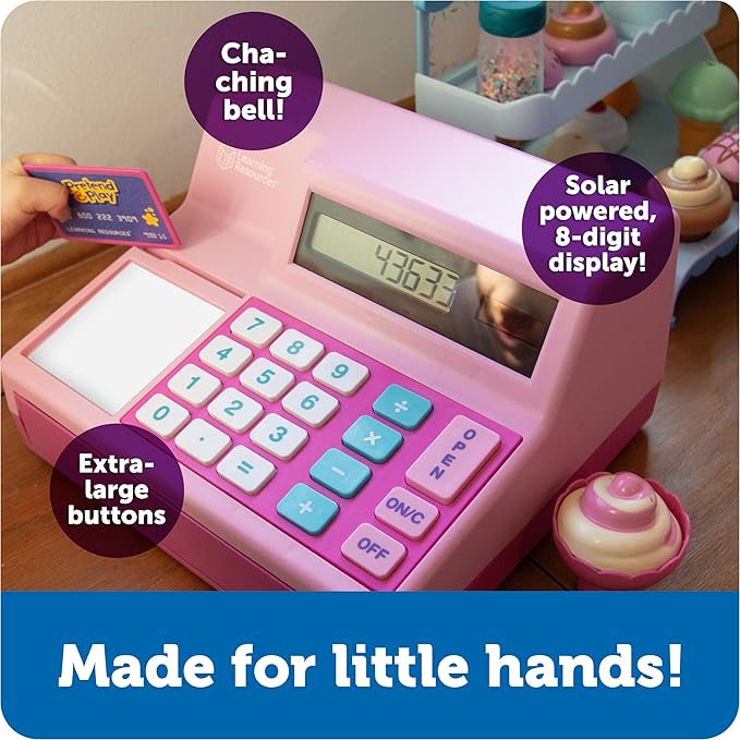 Learning Resources Pretend & Play Calculator Cash Register Pink - 73 Pieces, Ages 3+, Cash Register for Kids, Play Money for Kids, Toddlers Toys, Toy Register, for Kids