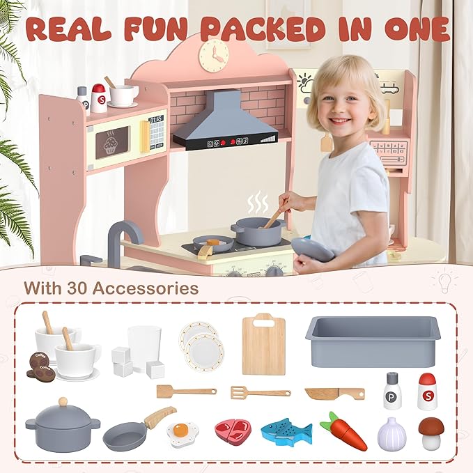 ANPABO Play Kitchen for Kids Aged 3+, Wooden Kitchen Playset w/Real Lights & Sounds, Coffee & Ice Maker, Microwave, Stove, 30Pcs Accessories Include Play Food, Pretend Play Set for Boys & Girls, Pink