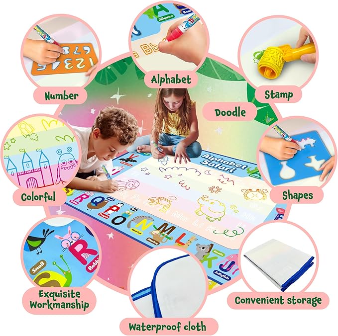 ANIMOLDS Water Doodle Mat - 40x32 Inch Aqua Magic Drawing Board for Kids (Alphabet Safari)